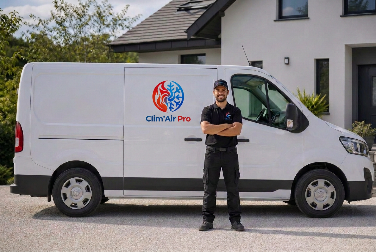 Véhicule ClimAir Pro et technicien en tenue noire
